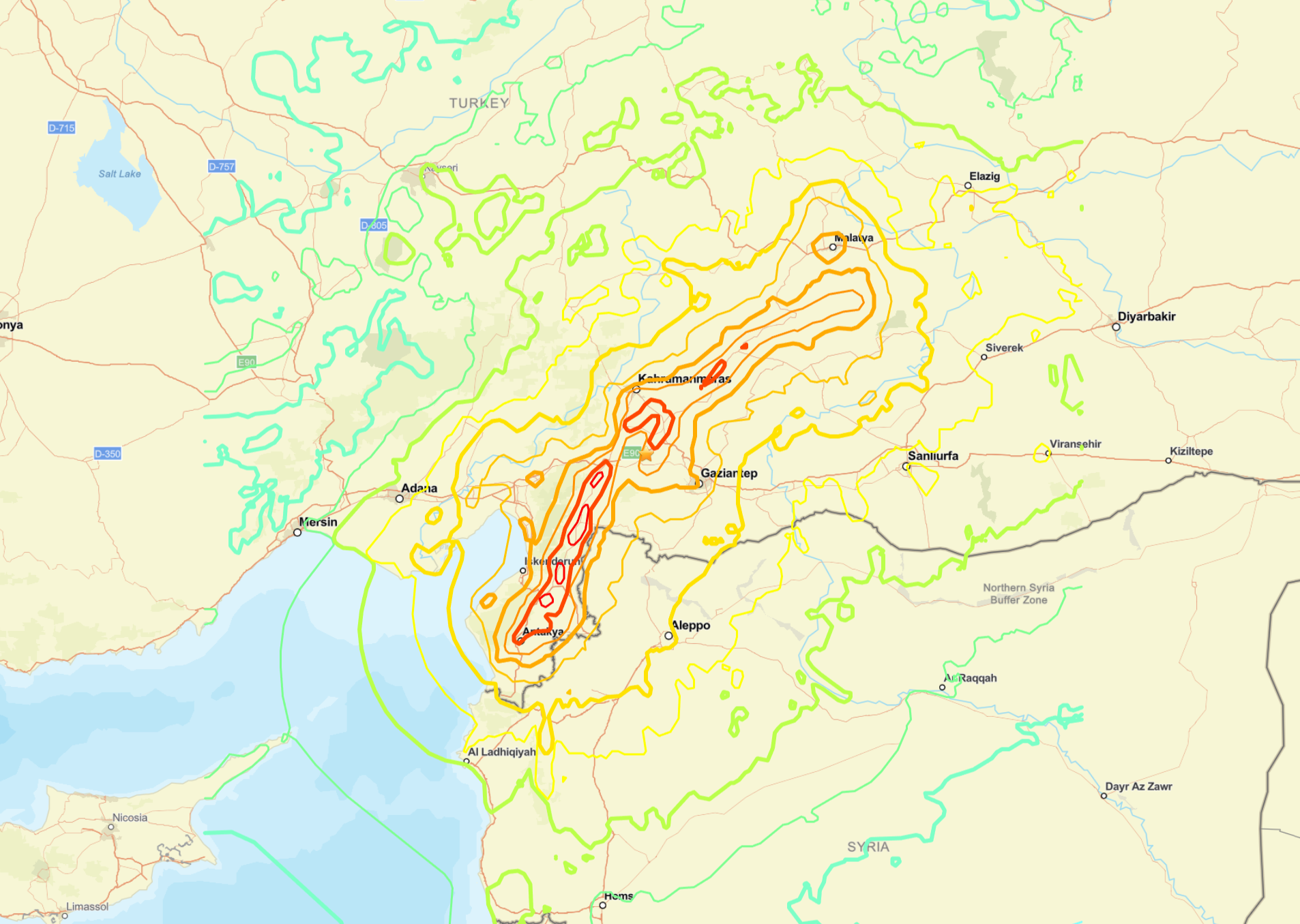 Map showing the epicenter near southern Turkey.